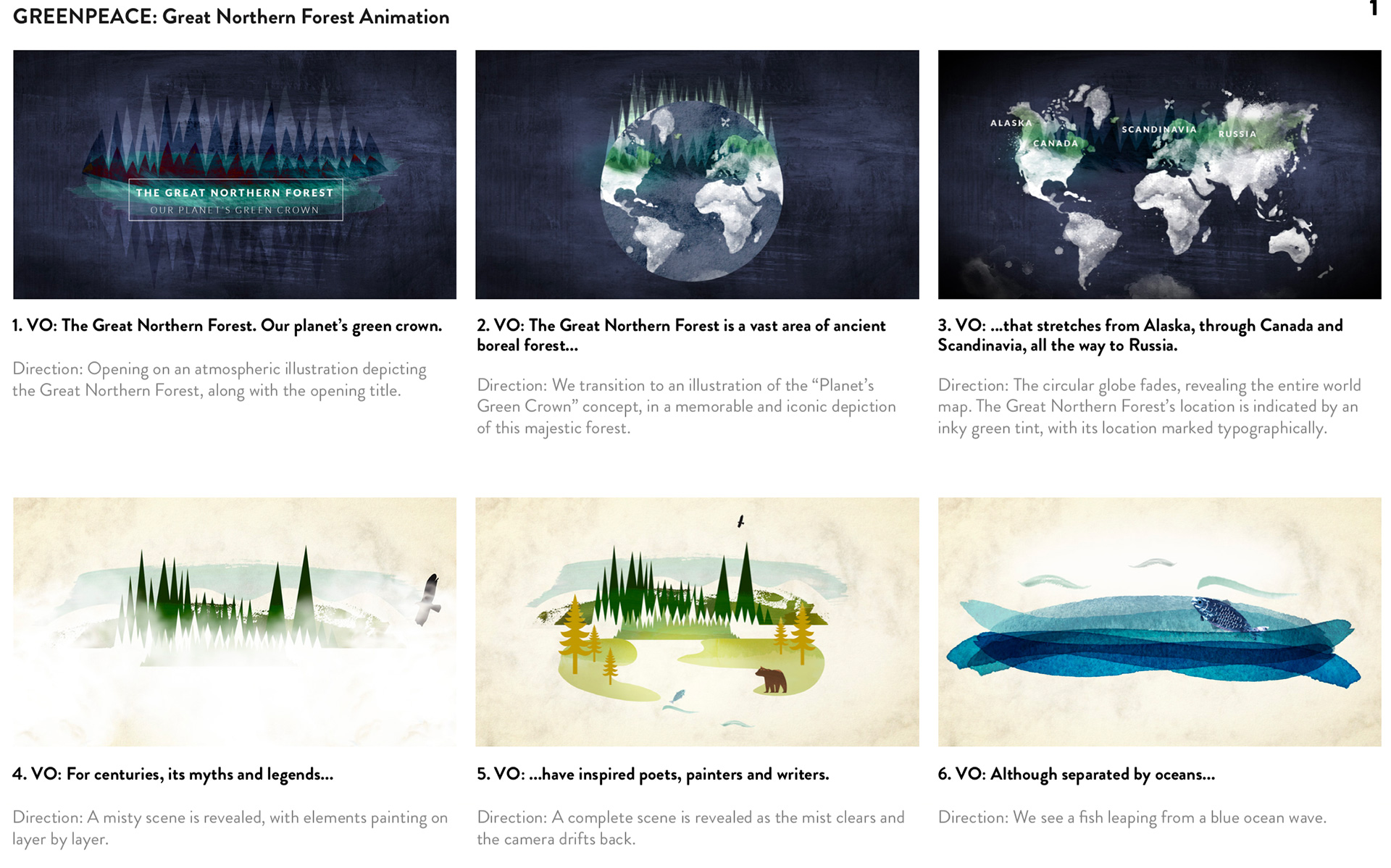 Page 1 of the Storyboard created for the Greenpeace animation for The Great Northern Forest campaign.
