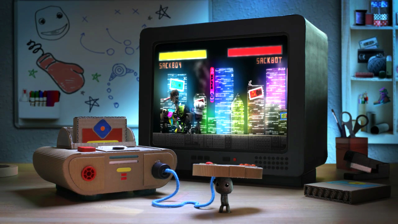 Little Big Planet 2 animated trailer: Sackboy holding a handmade SNES controller.