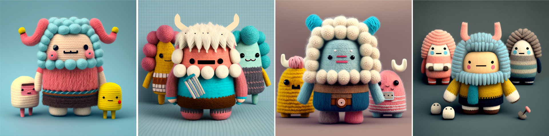 A troup of handmade character designs made from pastel coloured woollen tectures.