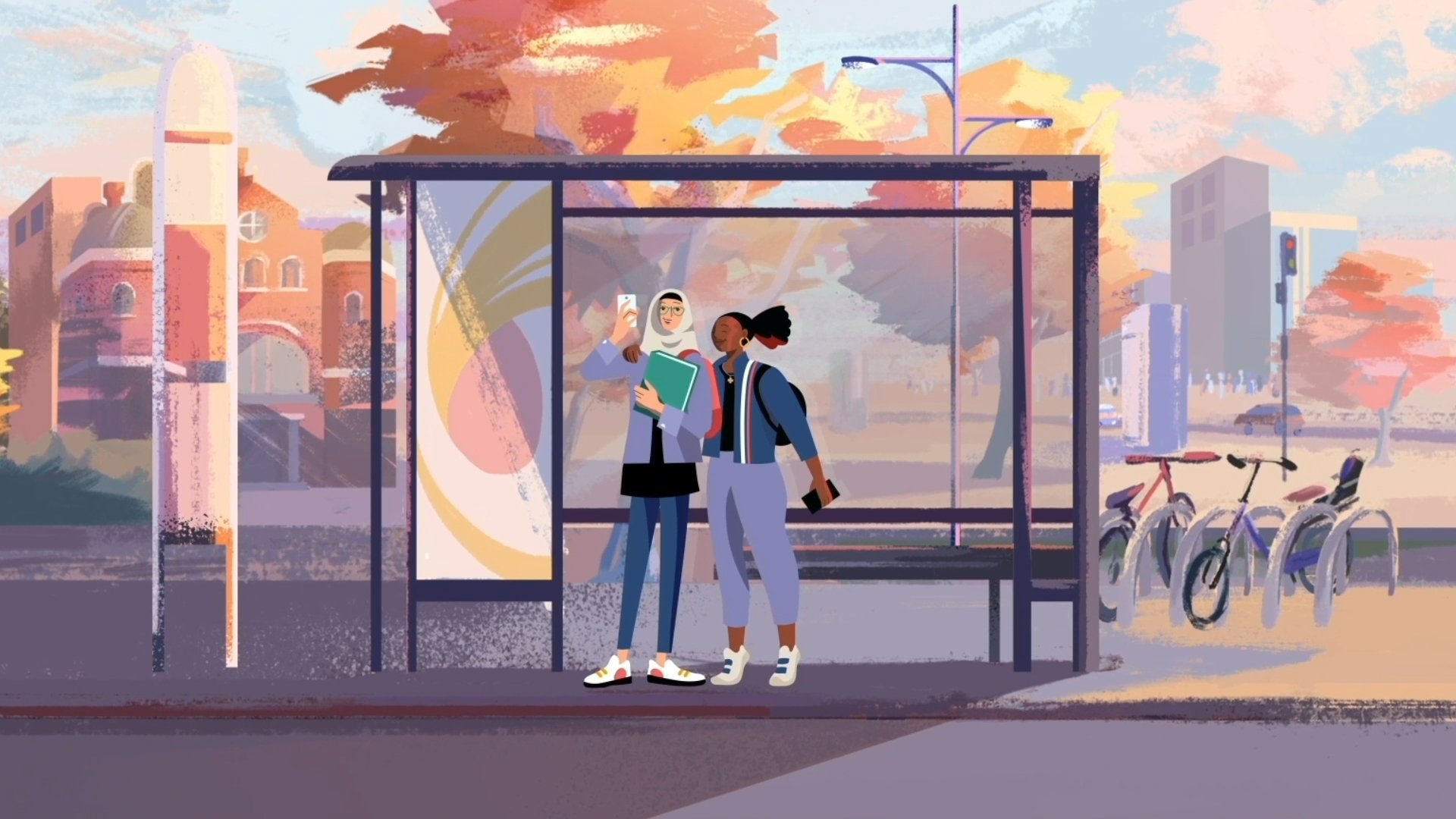 Two girls standing at a bus stop interacting with eachother