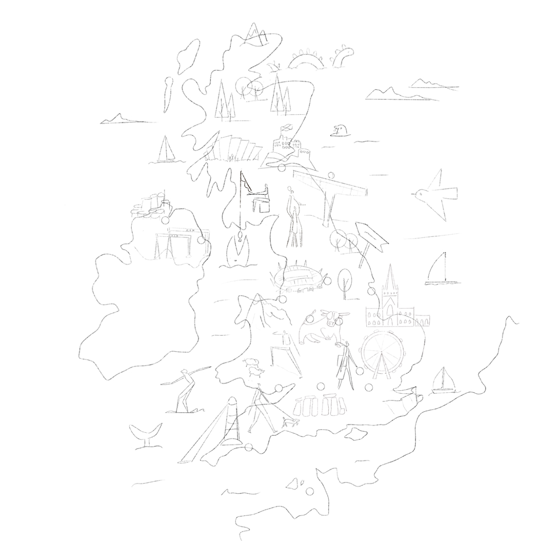 Sketched map of the UK featuring iconic landmarks and people. Created for NSPCC's Regional Operation Model explainer animation.