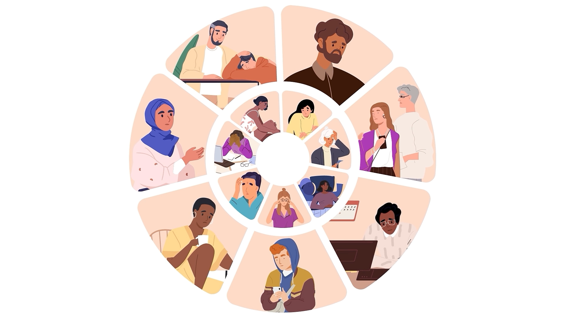Circular image of a variety of illustrative characters
