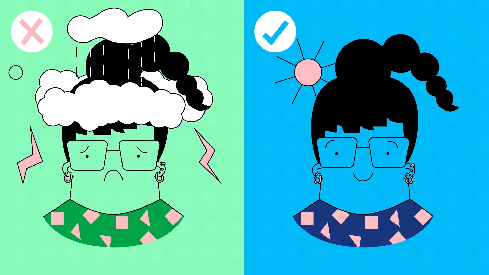 Split screen Illustration of a woman one stressed and the next happy