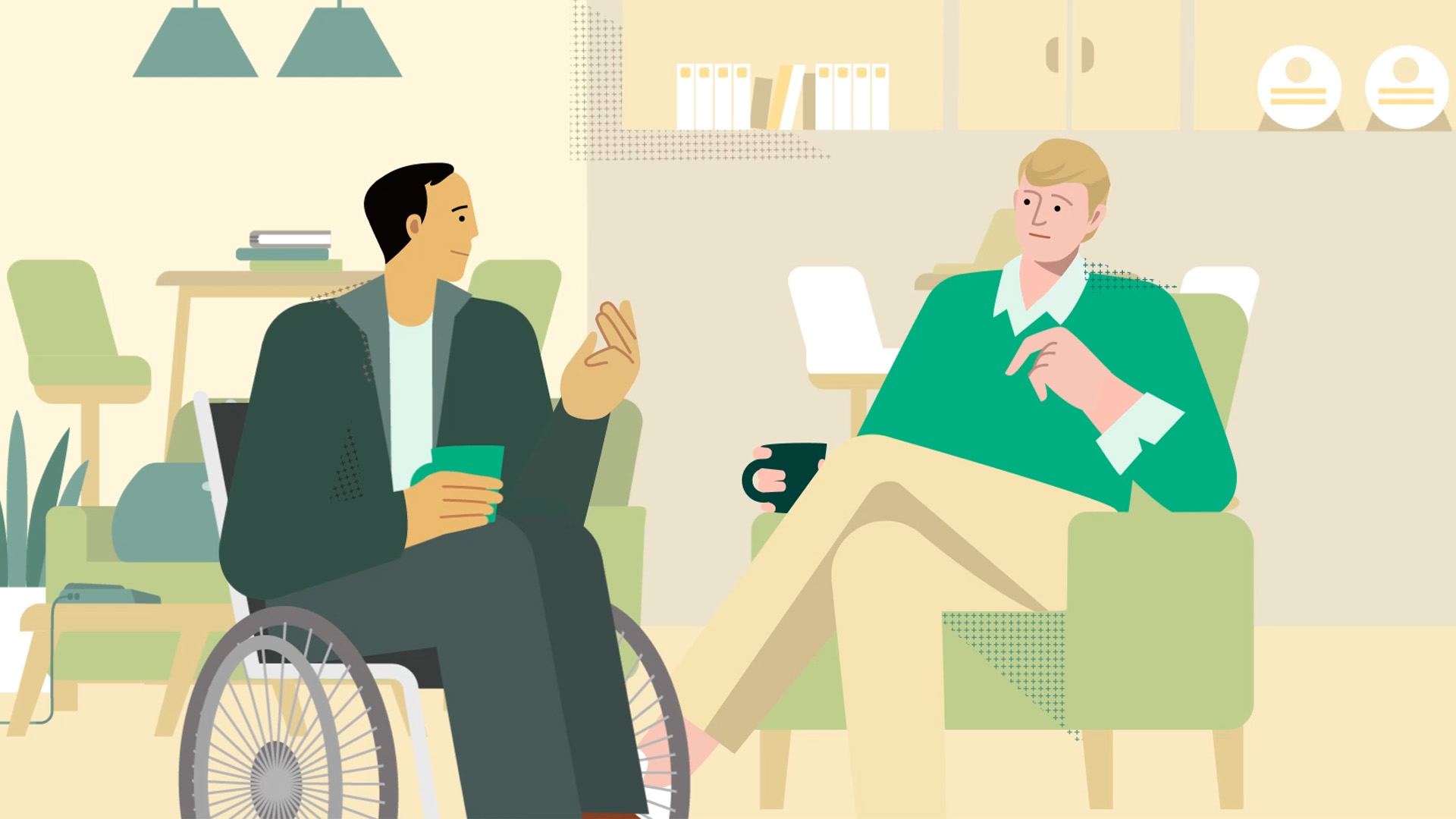 Two characters chatting. Motion graphics, character design. 